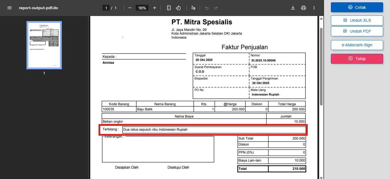 cara menampilkan terbilang di faktur penjualan